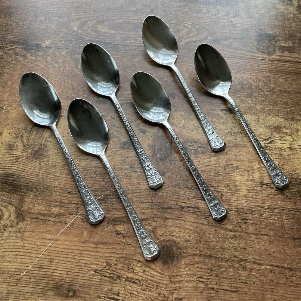 Interpur Florenz Dinner Place Oval Soup Spoon Set of 6 Vintage Stainless Steel